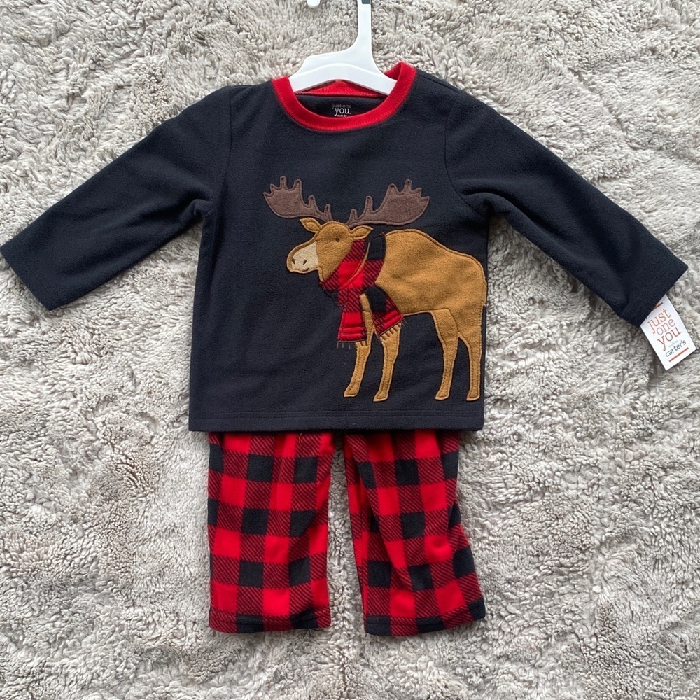 Boys Fleece Buffalo Plaid Moose Pajamas 18 Months